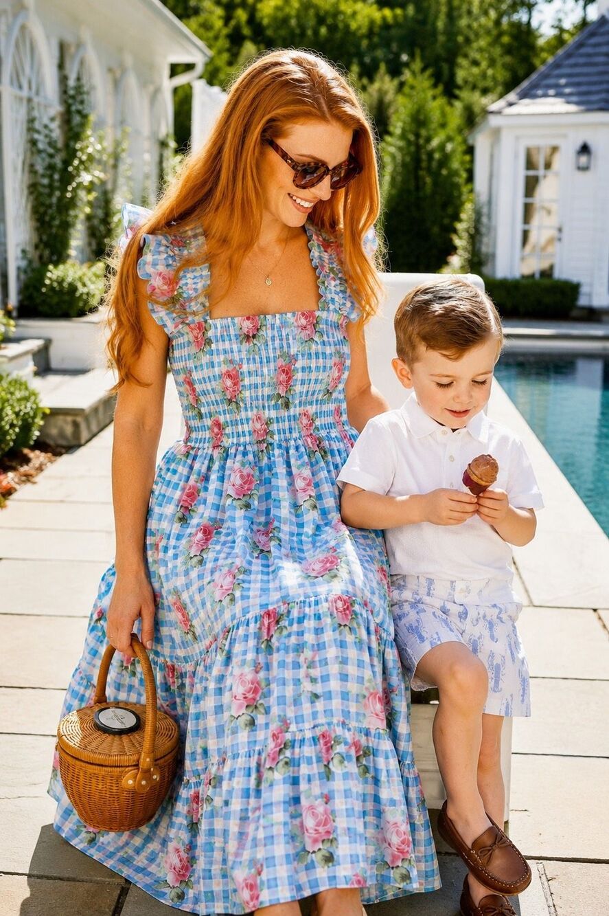 Darlington Isle blue floral Smocked Tiered Nap Dress | Ruffle Strap Cotton Midi,